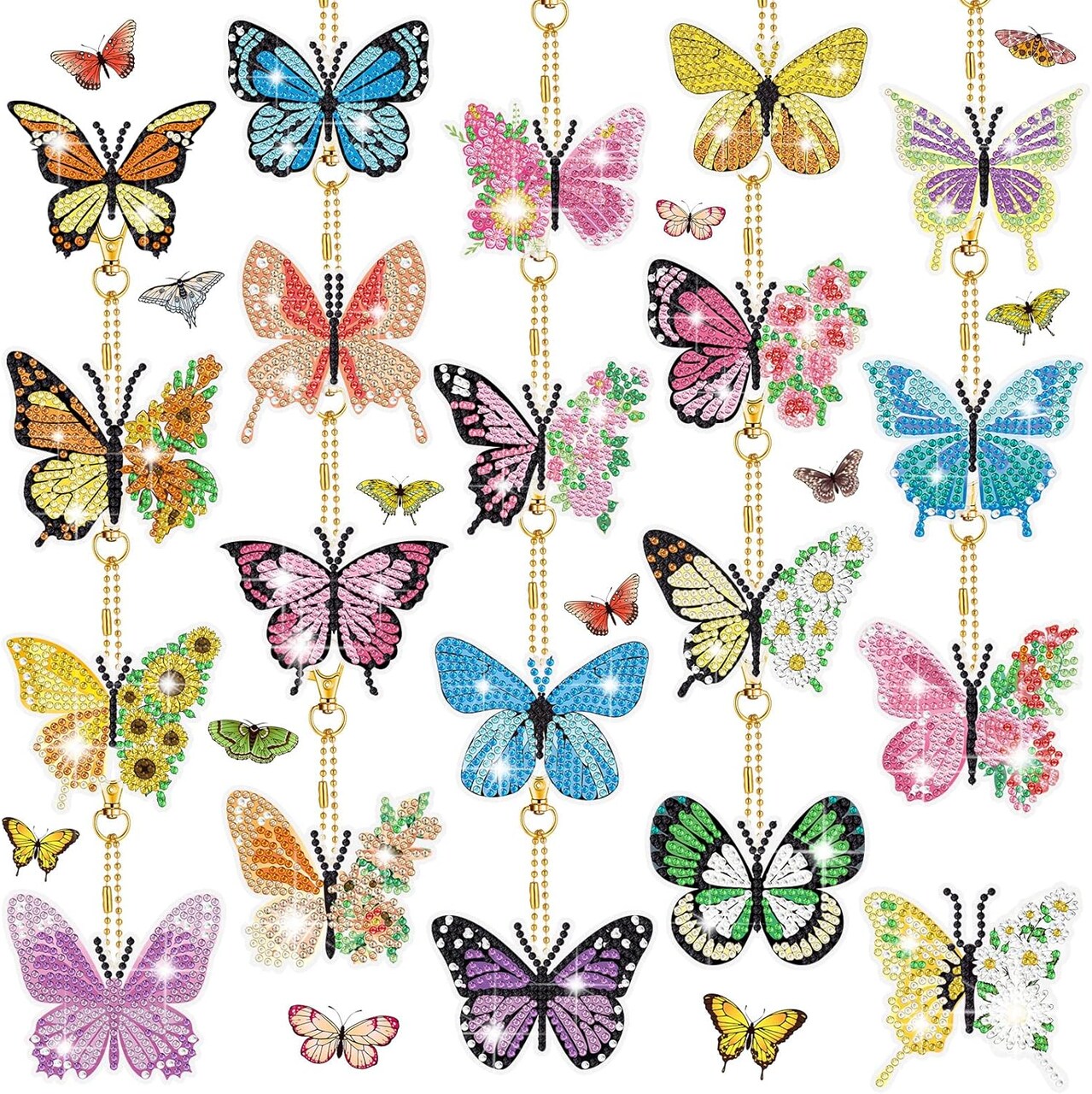 20 Pcs Spring Butterfly Diamond Painting Keychains 5d Flowers Butterflies Diamond Art Keychains Kits for Adults Single Side Floral Key Chain Hanging Ornament for Beginners DIY Crafts Gifts